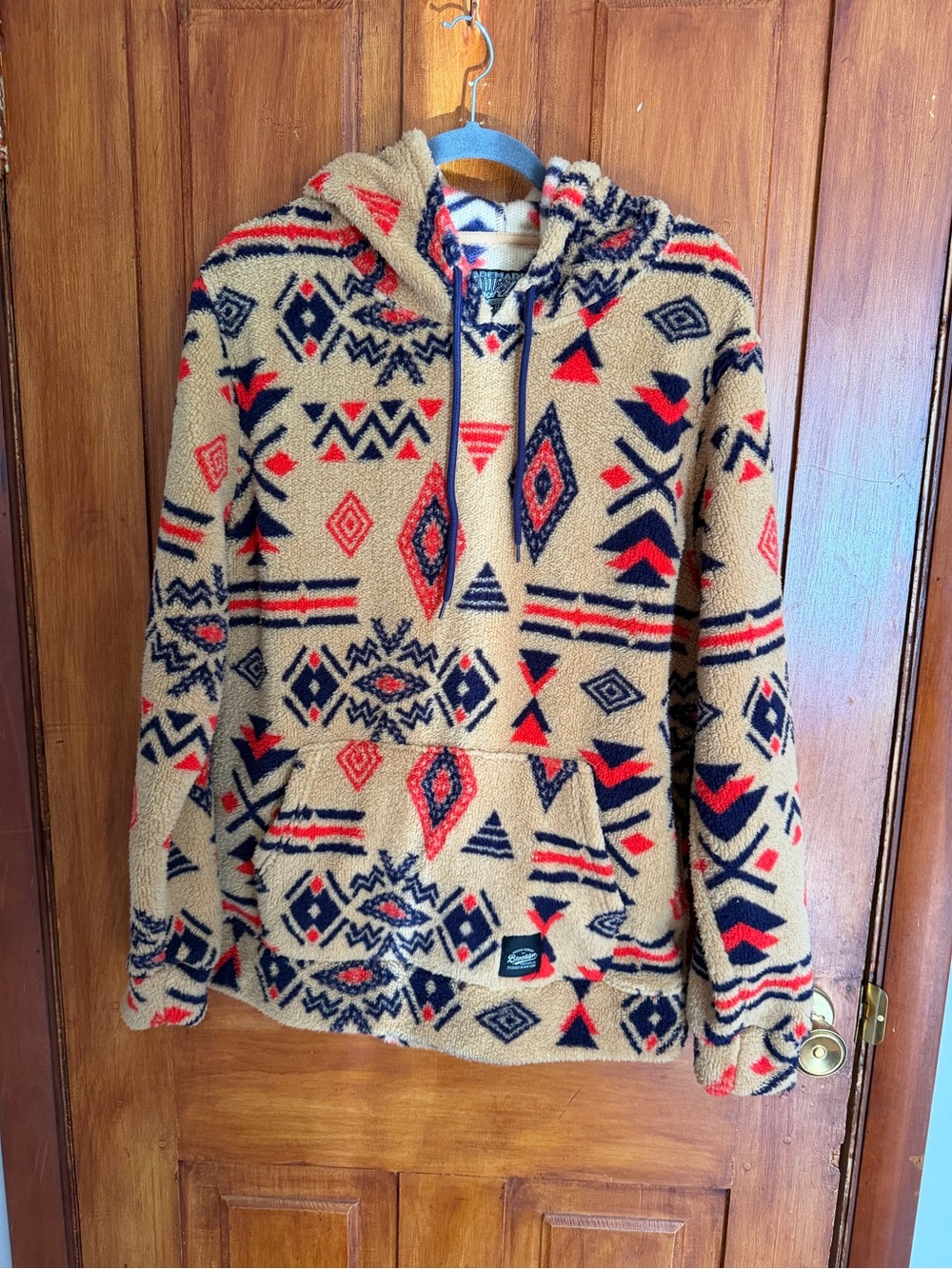 Brooklyn Cloth Sherpa Pullover Hoodie Aztec Geometric Beige/Red/Blue Men's M